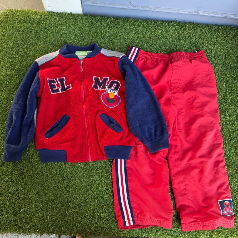Vtg Sesame Street Elmo Toddler Boys 4T Fleece Varsity Jacket and Track Pants Set
